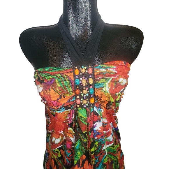 Colorful Floral Halter Dress Sz. L - Picture 2 of 7